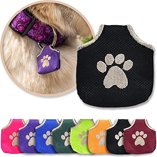 Woofhoof Dog Tag Silencer Black Pawprint - Quiet Noisy Pet Tags - Fits Up to Four Pet IDs - Dog Tag Cover Protects Metal Pets IDs Made of Durable Nylon Universal Fit Machine Washable