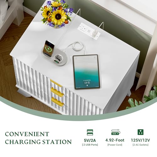 Image of Xixini Fluted Nightstand with Charging Station, Tall Bedside Table, White