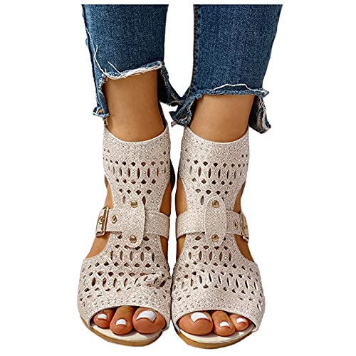 SSYUNO Women Sandals Retro Slipper Low Wedge Peep Toe Flats Slip On Cut Out Sandals Casual Summer Dressy Beach Shoes