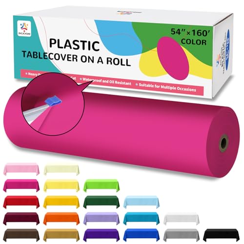 ZHZJCKSHB 54IN X 160FT Plastic Table Cover Roll with Cutter Box, Cut to Size Plastic Table Cloths for Parties, Birthday, (Fuchsia, 54