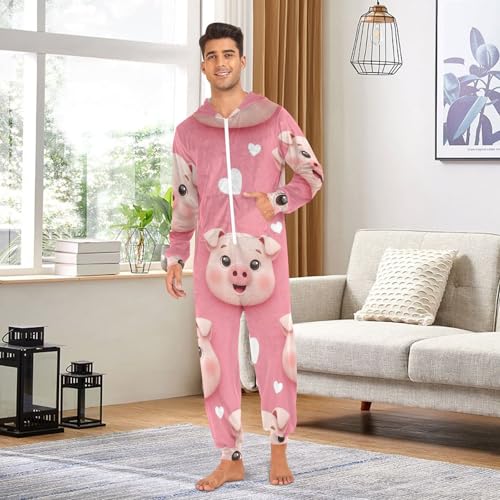 Pijama de cerdo rosa para adultos de forro polar contra el frío en casa con bolsillos 3