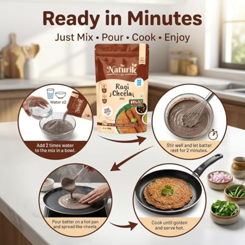 Image of The Naturik Co Chilla Mix | Ragi Cheela Mix | No Maida No Palm Oil High Protein Gluten Free & Fiber Rich Breakfast | 200g Ready to Cook Chila /Dosa Mix | Lentils & Millets Protein Chilla Mix