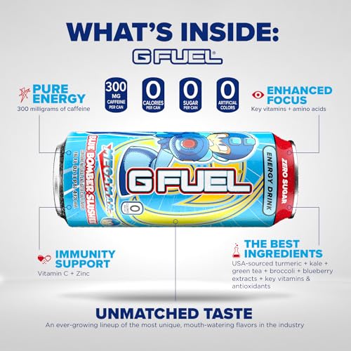 G Fuel Blue Bomber Slushee - Icy Blue Raspberry Slush Energy Drink Inspired by Mega Man, 16 oz can, 12-pack case