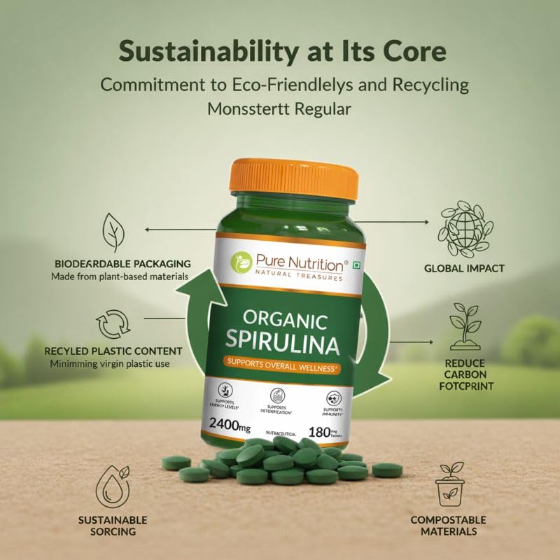Image of Pure Nutrition Organic Spirulina 2400mg (Per Serving), 360 Veg Tablets (180X2) | Spirulina Powder Organic Tablets | Supports Healthy Skin & Boost Immunity | Support Weight Management & Detoxification