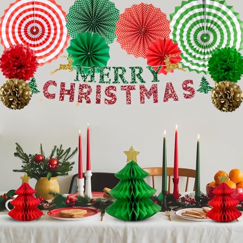 Décorations de Noël en papier rouge vert doré avec éventails