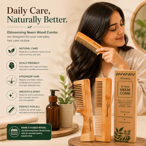 Image of Neem Wooden Hair Comb Set | Dual Tooth & Handle Comb Combo for Women & Men | Wide & Fine Tooth Detangling Comb | Smooth Rounded Teeth for Everyday Hair Care & Styling | Pack of 2