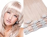 100% Remy Echthaar Haarverlängerung / Haarverdichtung - hochwertige weissblonde Clip in Extensions als Tressen mit angenähten Haarclips in glatter Struktur zum günstigen Preis. Spielend leicht und schnell zum Einsetzen in das Eigenhaar für Frauen. Indian natural human hair.