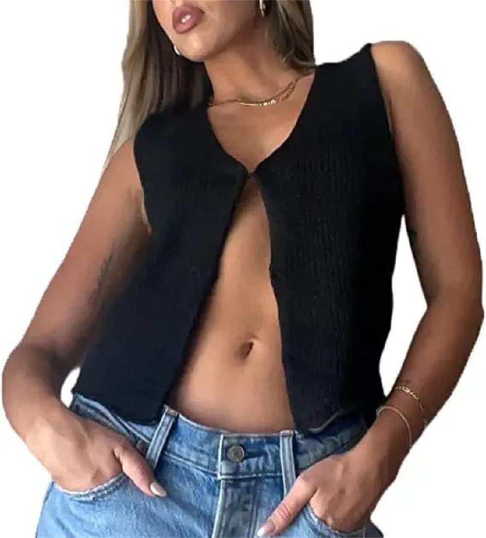 Faretumiya Women Y2k Button Down Crochet Knit Vest Sleeveless Hollow Out Crop Tops Vintage Casual V-Neck Versatile Streetwear