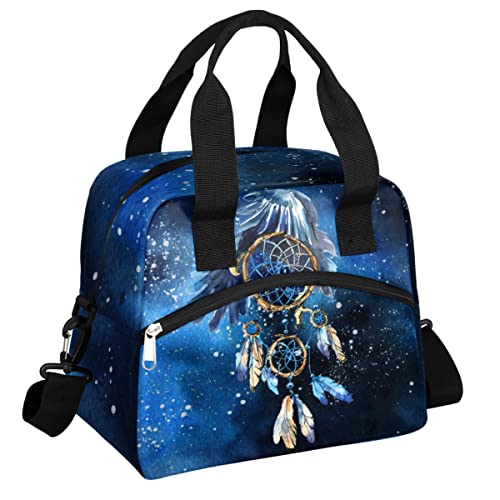 Fengqugou Blue Galaxy Watercolor Dream Catcher Insulated Lunch Bags For Women Men Adult Reusable Lunch Tote Therma Cooler Bag With Shoulder Strap Lunch Box For School Work Office Picnic Meal Prep Bag #TOP5
