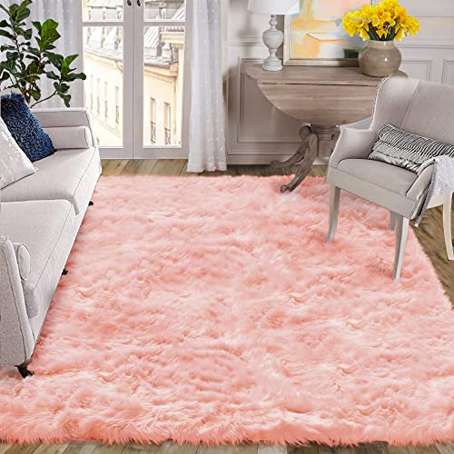 ORINOVA Plush Living Room Rugs 6x9 Rugs for Kids Room Pink Washable Faux Sheepskin Fuzzy Fur Rug for Bedroom Large Fluffy Nursery Rug