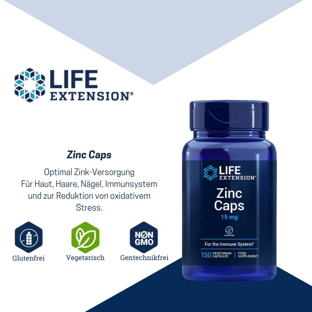 Life Extension - Zinco 15 mg 150 Capsule – Supporta Sistema Immunitario, Pelle, Capelli, Unghie e Divisione Cellulare – Con OptiZinc® e Citrato di Zinco