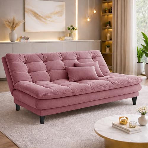 Image of Modern 3 Seater Sofa Cum Bed | Tufted Backrest | Velevt Fabric Upholstery | Living Room Furniture-Rose Pink