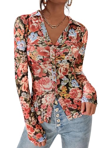 PRETTYGARDEN Women Button Down Floral Shirts 2026 Fall Trendy Long Sleeve V Neck Mesh Boho Blouse Spring Tops Date Outfits (Black Floral,Medium)