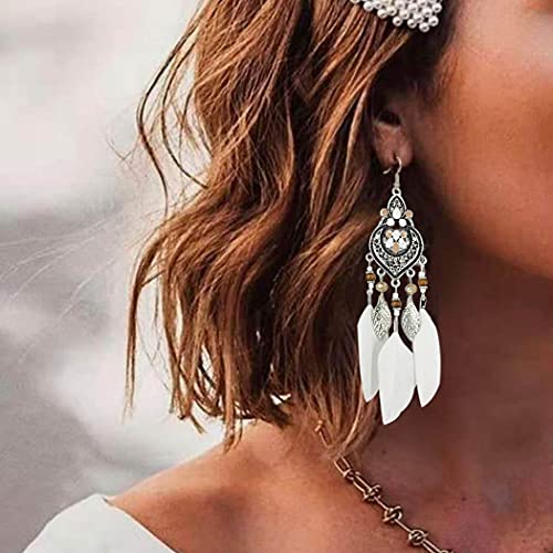 Vflowee Bohemian Earrings Feather Tassel Silver Ethnic Drop Earrings Retro Boho Dangle Earring Bead Women Teen Girls Jewelry For Birthday Party Gifts #TOP2