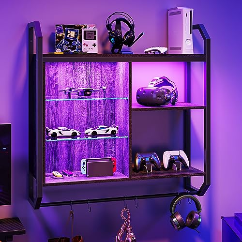 Bestier Gaming Floating Shelves, 34" LED Wall Mounted Shelf with Adjustable Glass Shelf, Pipe Shelves Hanging Display Rack Bookshelf with 6 S-Hook, Gaming Room Decor Wine Coffee Bar Black