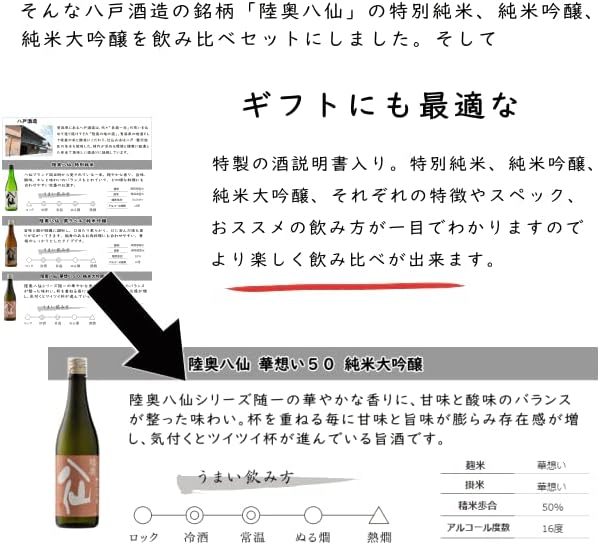 陸奥八仙 純米飲み比べセット 720ml×3本 酒説明書付き【通常便発送】