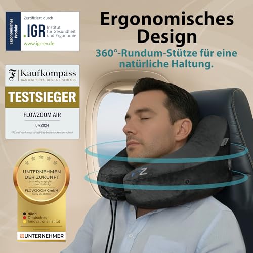 FLOWZOOM Air Nackenkissen Flugzeug in H-Design, Reisekissen für 5 Schlafpositionen, schnell aufblasbar & druckregulierbar, Nackenhörnchen mit Abnehmbarer Kapuze & Plüschbezug - Größe L, Schwarz