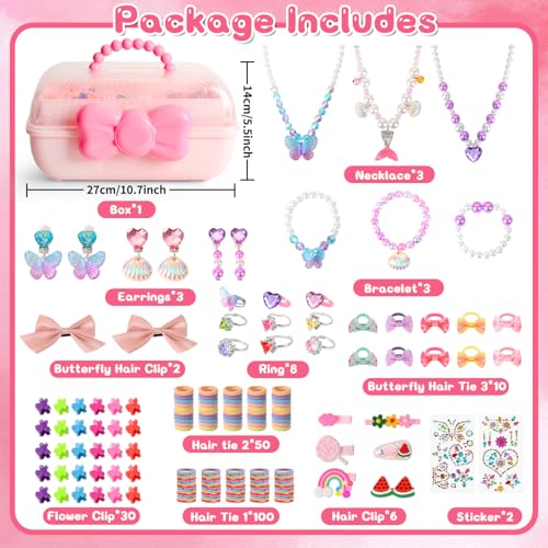 Fantspati Schmuck Kinder Spielzeug, Haarschmuck Geschenk Mädchen 3 4 5 6 7 8 9 10 Jahre, 218 Stück Schmuckset mit Halsketten, Ringe und Haarspangen, Weihnachts Geburtstag Geschenke Kinder