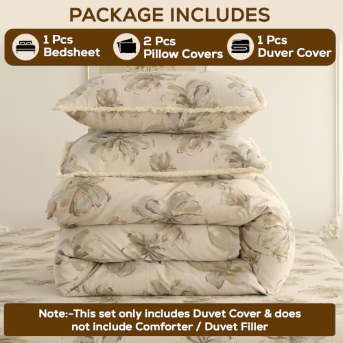 Image of Story@Home King Size Bedcover Set | 400 TC Microfiber Bedding Set with 1 Duvet Cover 1 King Bedsheet 270 x 250 cm & 2 Pillow Covers | Soft Durable Duvet Cover Set Floral Pattarn | Beige Green