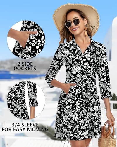 Image of WOWENY 3 /4 Sleeve Dress for Women with Pockets V Neck UPF 50+ Casual Sun Dress Breathable Quick Dry Beach Vacation