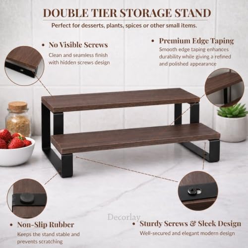 Image of Decorlay 2-Tier Metal & Laminated Board Spice Rack Organizer Kitchen countertop rack Size: 30x18.5x13 CM Color: Brown & Black
