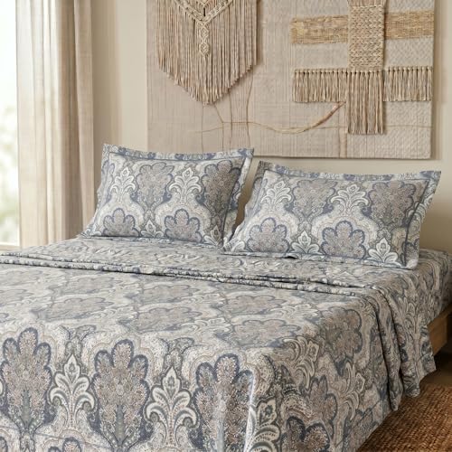 Image of LANE LINEN 200TC Double Size Bedsheet with 2 Pillow Cases|100% Cotton Ultrasoft Paisley 3pc Bedding Set-2.29 M x 2.54 M|Breathable & Wrinkle-Free|Sustainable & Eco Bedding Set- Blue