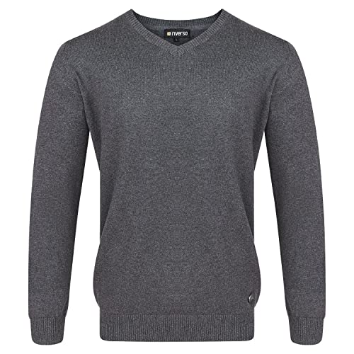 riverso RIVEmil Pull pour Homme col en V Basic tricoté en Coton Biologique 100% Coton Fin Pull régulier Uni Noir Gris Rouge Bleu Marine Marron S M L XL XXL 3XL 4XL 5XL - Gris - XXXXX-Large Cover