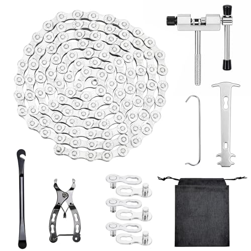 6/7/8 Speed Bike Chain 116 Links (1/2 x 3/32) Bicycle Chain for Mountain/Road Cycling Maintenance Tool Kit with Chain Breaker 3 Pairs of Quick Links Clamp Hook Wear Indicator Tyre Lever