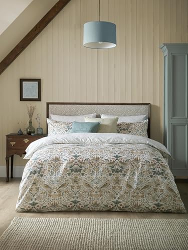 Image of William Morris at Home Strawberry Thief 100% Cotton Sateen Duvet Cover Set 220 Thread Count In Hessian (Double: 200cm x 200cm)
