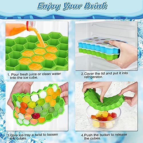 Sofore Ice Cube Trays with Lid,2 Packs Silicone Ice Cube Molds Food Grade Easy Release Durable for Whiskey, Baby Food and Any Drink, Green and Blue