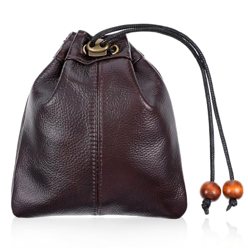HJZHII Drawstring Cowhide Bag Leather Storage Bags Small Waterproof Pouch Vintage Leather Pouch Small Bucket Purse for Men Jewelry Wedding Gifts Change Card Collection Coffee Color Renaissance