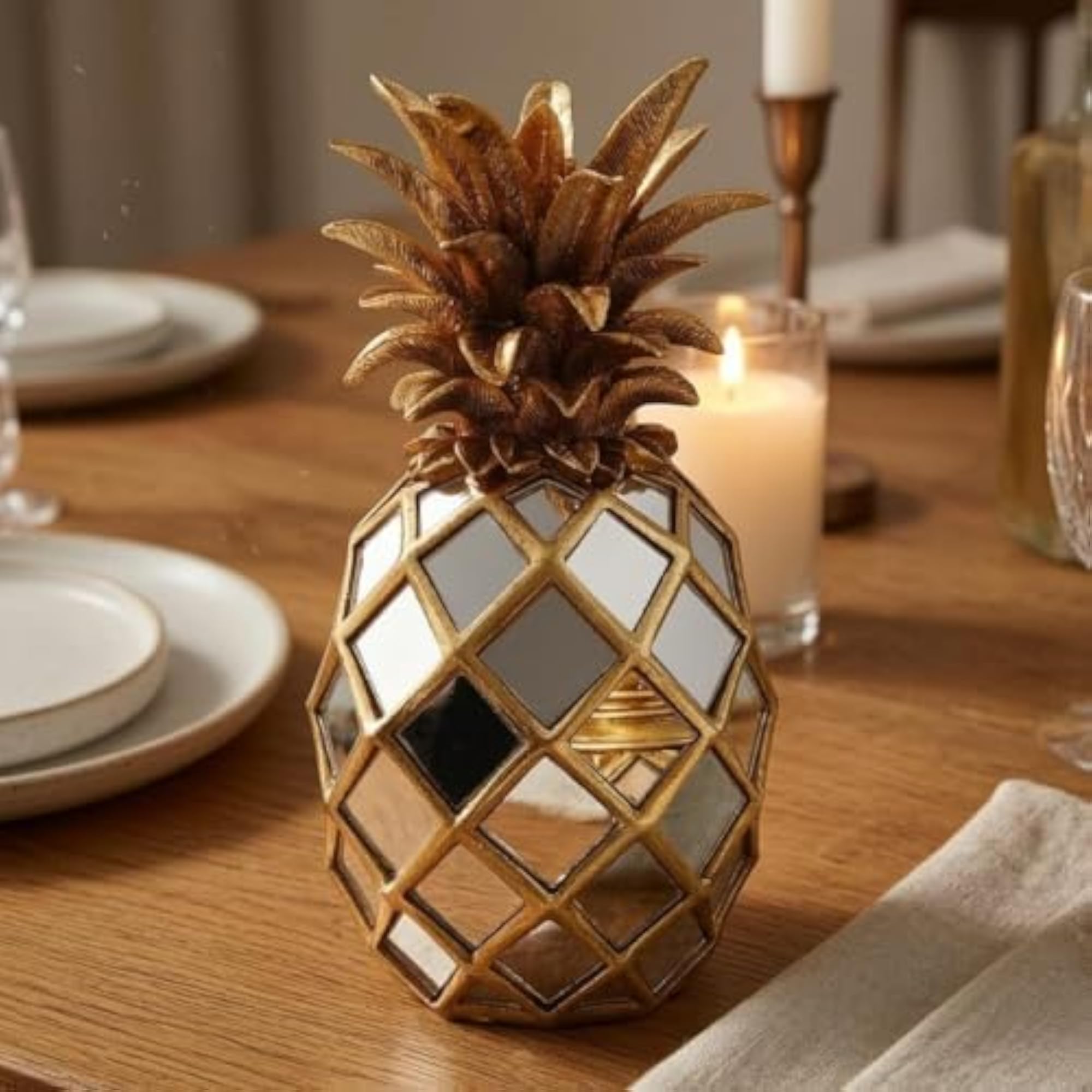 Diamond-Lattice Mirrored Pineapple Ornament, Decorative Home Decor
