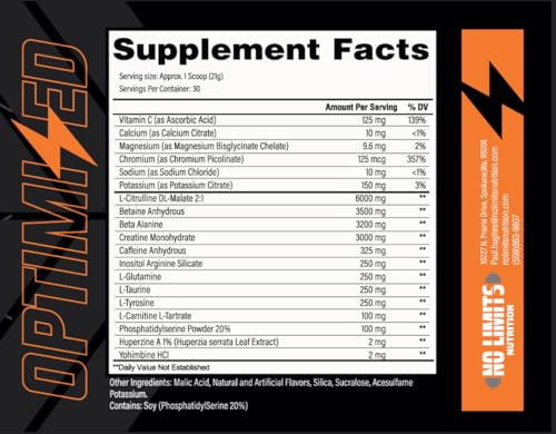 Image of inchOptimized inch Blue Razz Pre-Workout Powder / Massive Pumps / Increase Muscle Mass, Strength & Focus / Beta Alanine + L-Citrulline + Betaine Anhydrous + Creatine + Caffeine Anhydrous / 30 Servings