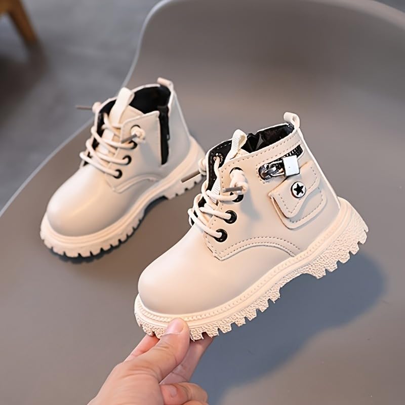 Baby Girls Work Boots Autumn Fashion Leather Lace-Up Boots Soft Flat Ankle Snow Boots, Toddler Fur Winter Shoes Sneakers3