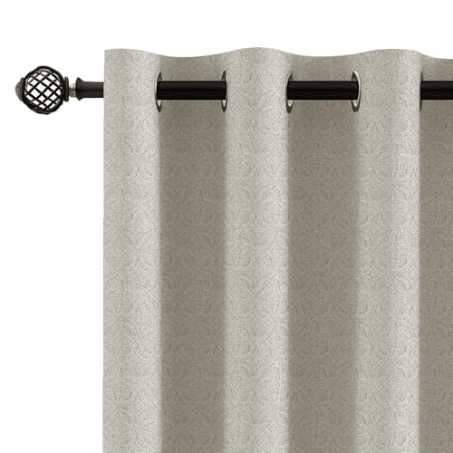 Image of LINENWALAS 100% Blackout Curtains for Door (7.5 Feet) - Set 2 Panels Linen Texture with Geometric Floral Pattern Complete Light Blocking with Thermal Insulated, Nose Reducing Backing (Stone Beige)