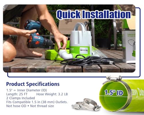 Image of Green Expert 1 /3HP Submersible Sump Pump Kit with 25FT Lay-Flat Discharge Hose, Pump with Hose, Water Sensor Automatic /Manual Low Water Drain Pump for Basement Pool Cover Hot Tub