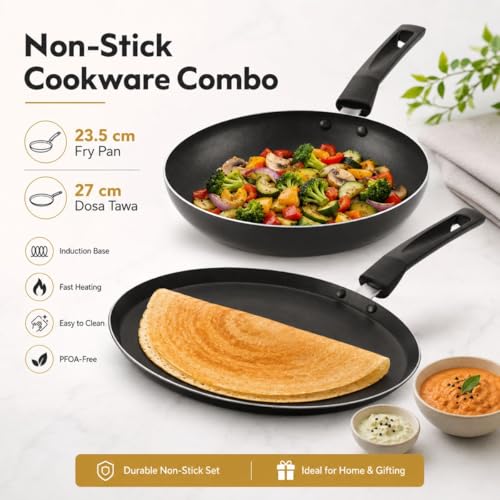 Image of Non‑Stick Cookware Combo | 27 cm Dosa Tawa & 23.5 cm Fry Pan | Induction Base, Fast Heating & Easy to Clean | PFOA‑Free Durable Non‑Stick Set | Ideal for Home & Gifting