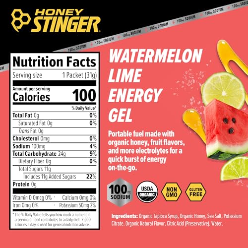Image of Honey Stinger Organic Watermelon Lime Electrolyte Energy Gel, Gluten Free & Caffeine Free, Sports Nutrition for Exercise, Running & Performance, Pre & Mid Workout, 12 Pack, 13.2 oz | sports-nutrition-endurance-and-energy-chews