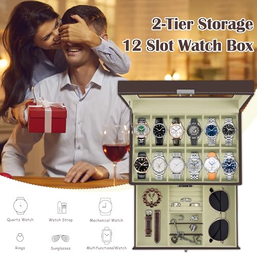 Image of Ogrmar 12 Slot PU Leather Lockable Watch Storage Boxes, Men & Women Jewelry Display Drawer Case, 2-tier Organizer Watch Showcase with Glass Lid (Brown)