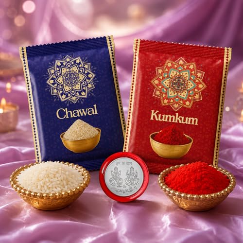 Image of Oblivion Peacock Mor and Mahadev Trishul Rakhi Pair for Brother with Silver Colour Pooja Thali, Roli Chawal, Coin and Greeting Card