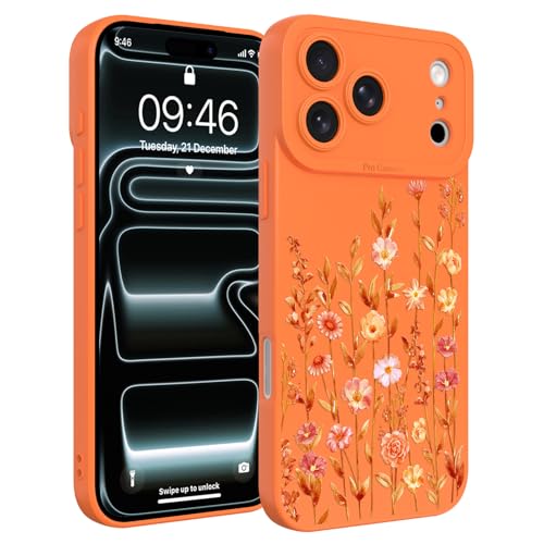 Image of Designed for iPhone 17 Pro Case, Cute Flower Floral Pattern Liquid Silicone Phone Case, Slim Soft TPU Protective Cover for Women Girls, Orange
