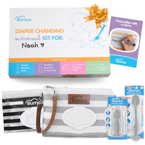 Image of Bumco Baby Essentials Set - Personalized Diaper-Changing Baby Gift Set, Gender Neutral Baby Gift with 2 Baby Bum Brushes (Original & Mini) + Diaper Clutch Bag + Wipes Wristlet, Newborn Gift Set