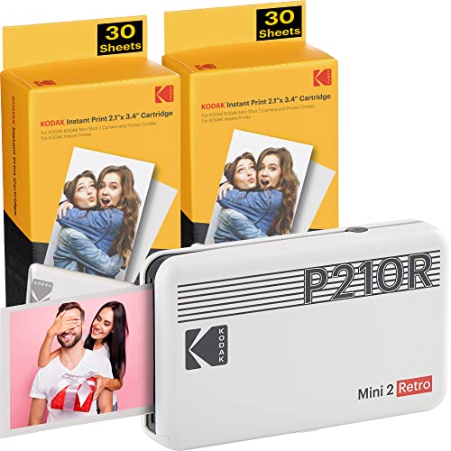 Kodak Mini 2 Retro 2.1x3.4” Portable Photo Printer (60 Sheets), Wireless Connection, Compatible with iOS, Android & Bluetooth, Real Photo, 4PASS & Lamination Process, Premium Quality – White