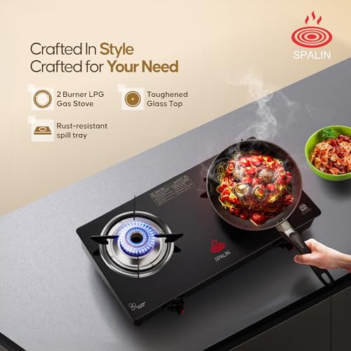 Image of AI Glass Automatic Gas Stove 2 Burner | Toughened Crystal Glass Top | Auto Ignition | ISI Certified | Durable Brass Burners | Sleek Black Countertop Gas Stove for Modern Kitchen