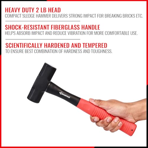 Image of Spartan 2 lb Heavy Duty Sledge Hammer for Breaking, Masonry and Construction | Forged Steel Head with Shock Resistant Fiberglass Handle and Comfortable Non Slip Grip