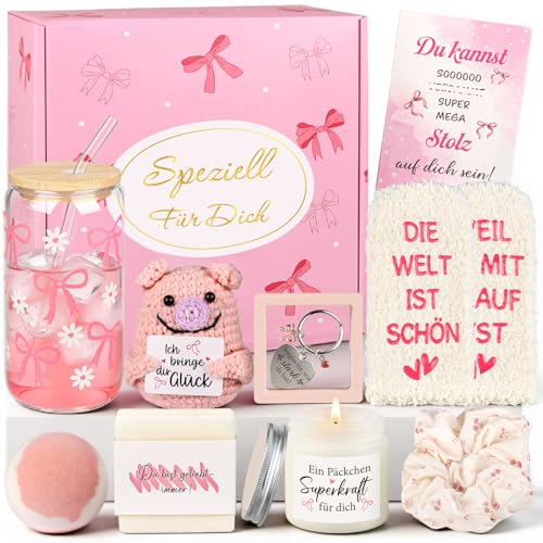 Giftota Geschenkset für Frauen Glücksschwein Self Care Wellness Geschenkbox mit Schleifen-Glasbecher & Duftkerze Geburtstagsgeschenk für Freundin beste Freundin Schwester Geschenkidee Frauen
