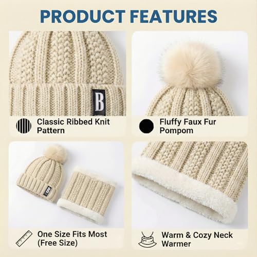 Image of Kraptick Women's Winter Beanie Cap and Scarf Set with Soft Fleece Lining, Thick Cable Knit Woolen Cap for Ladies & Neck Warmer for Extreme Cold Stylish Pom Pom Hat & Scarf Set -7