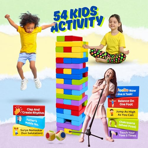 Image of Colorful Kids Activity Tower Blocks Wooden Game with Dice - Fun Stacking Blocks with Fitness, Yoga & Activity Challenges - Educational Family Game for Kids & Adults, Party & Group Bonding Toy