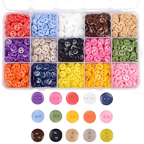 Oelffow Round 2 Holes Craft Buttons, 1125Pcs 0.35 Inch(9Mm) Sewing Buttons, 15 Colors Resin Buttons, For Sewing Children Sweater Diy Crafts Scrapbooking Children's Manual Project #TOP7