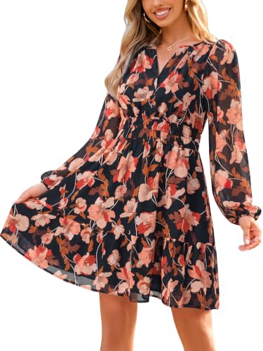 Image of Simplee Womens Spring Floral Mini Dress Long Sleeve Boho Chiffon Short Dress Casual Flowy Fall Wedding Guest Dresses